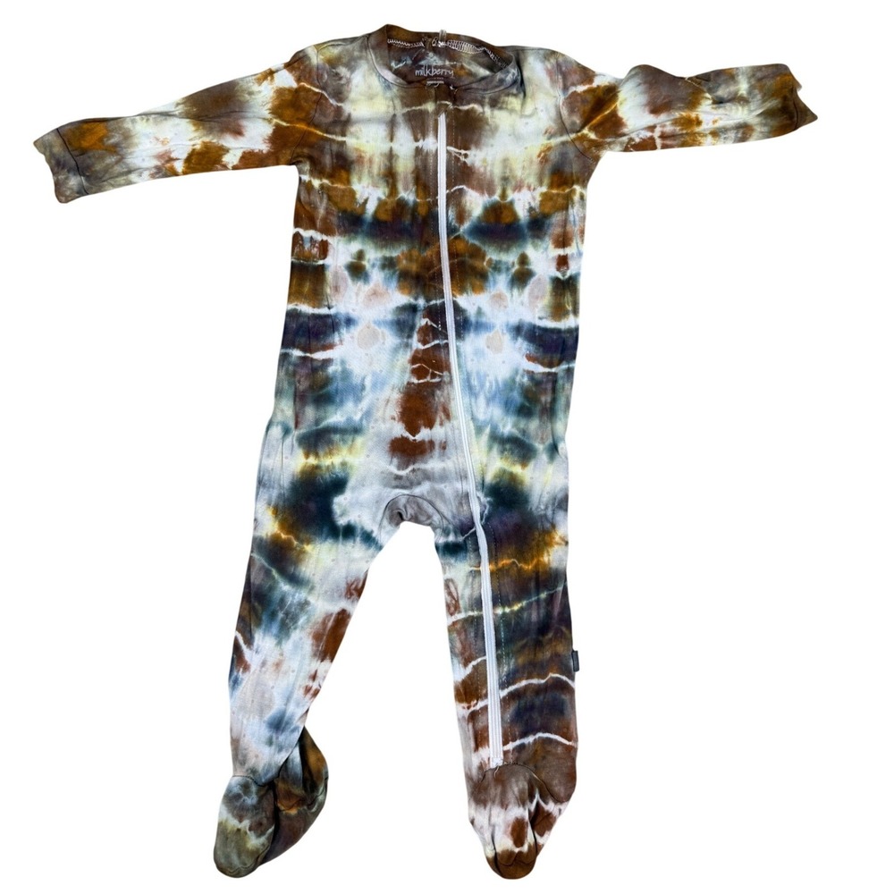 Milkberry Footed Sleeper 6-9M Brown Blue Tie Dye Hand Dyed Zip Front Bamboo